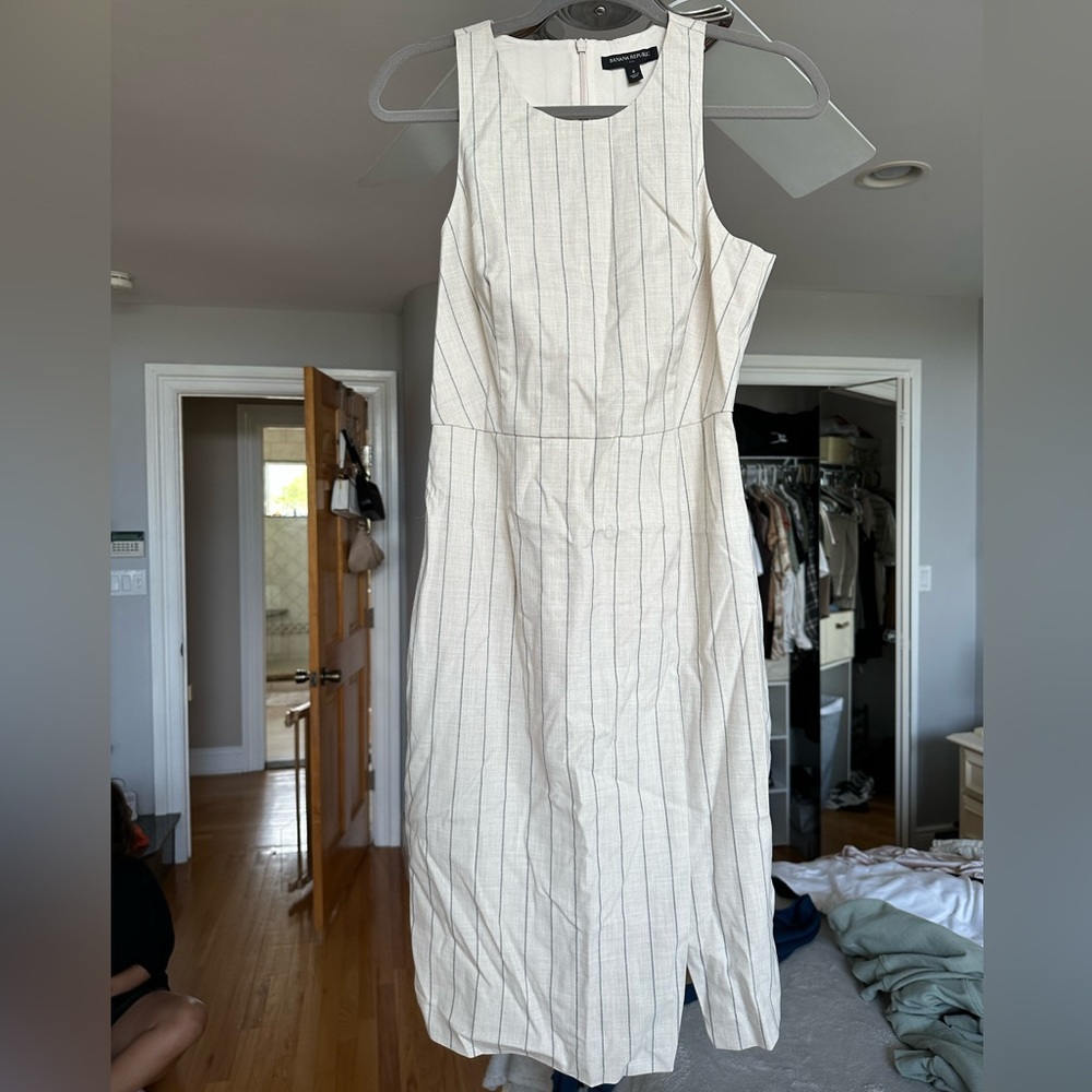 Cream Dress with Minimalist Blue Stripes